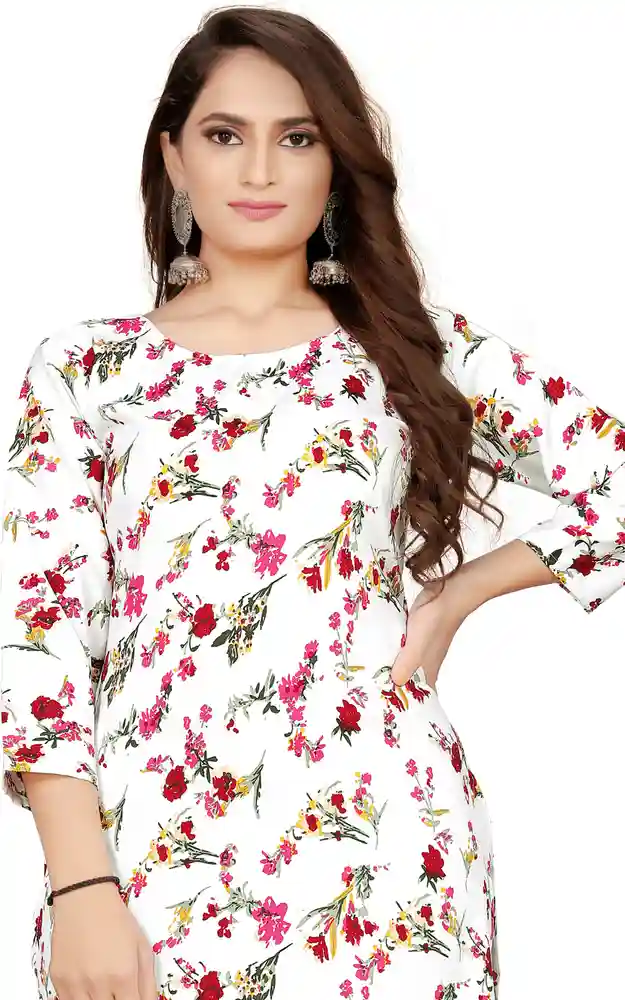 ZELZIS Women White Flower Printed Bell Sleeve Crepe Tunic Top - Trendy Party Wear