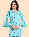 ZELZIS Women Light Blue Printed Bell Sleeve Crepe Tunic Top - Trendy Party Wear