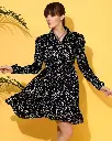 Black abstract print fit & flare dress Mandarin collar Long, puff sleeves Midi length in flared