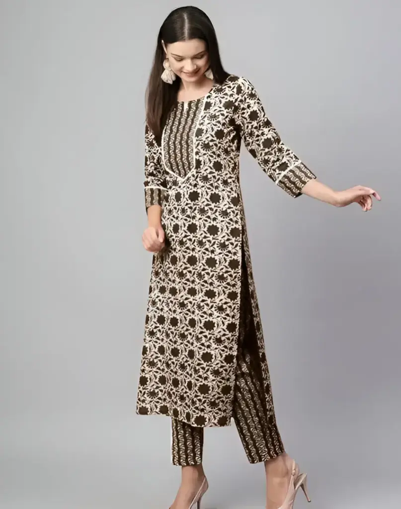 Cotton Bland Kurtis Women's BROWN Floral Printed Cotton Kurti Set with Pant