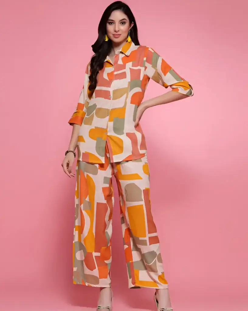 Elegant Retro Geometric Print Cord Set for Women Short Sleeve Tunic Kurti and Wide Leg Pant Set