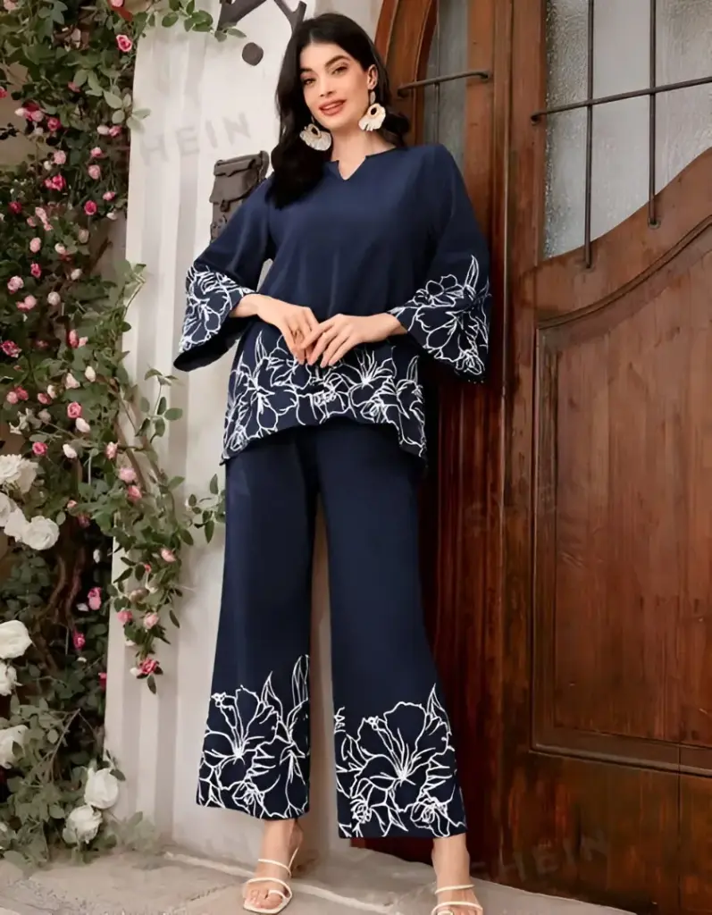 Rayon Embroidery Blue Top and Bottom Set Women and Girls