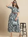 Women's Printed Knee-Length Rayon Dress With Belt