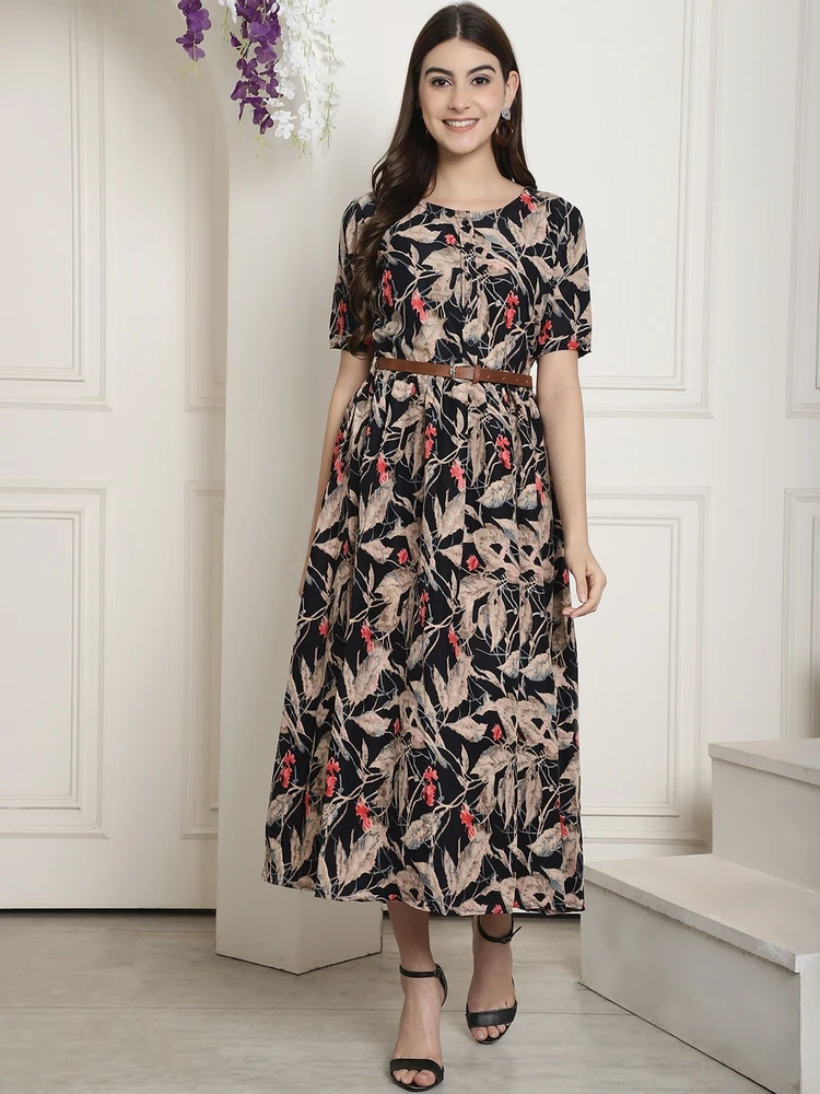 Women Printed Rayon A-line Multicolor Dress