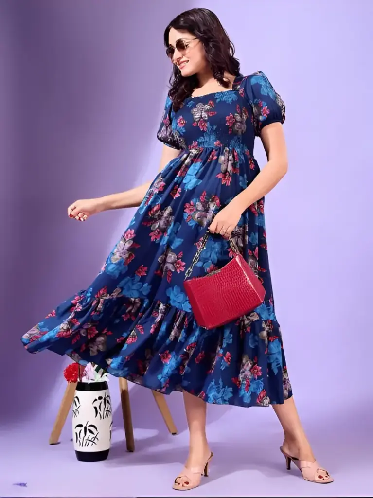 Women Fit and Flare Dark Blue Maxi/Full Length Dress