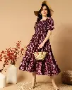 Women Floral Print Puff Sleeve Crepe A-Line Maxi Dress