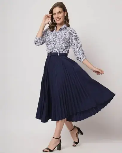 Flower Printed Calf-Length Casual Dress For Women's