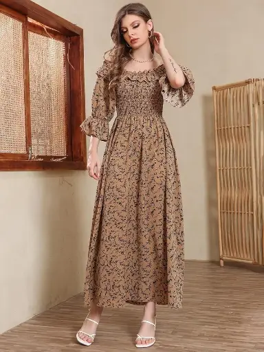 Women's Floral Printed Full Length Dress (XS, Brown)