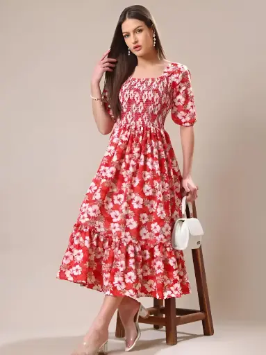 Women Fit and Flare Orange Midi/Calf Length Dress