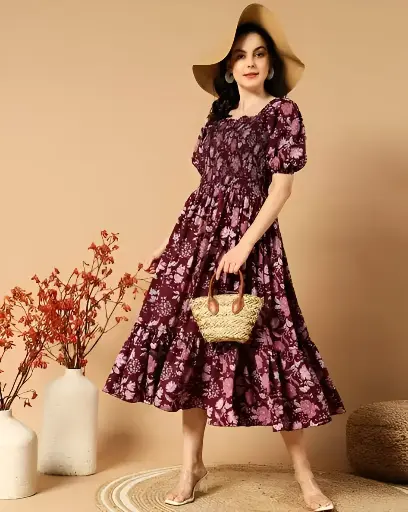 Women Floral Print Puff Sleeve Crepe A-Line Maxi Dress