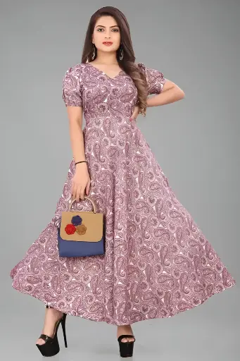 Women's Floral Crepe Light Weight A-Line Maxi Western Dress