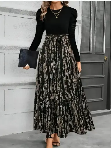 Leaf & Floral Patchwork A-Line Skirt Maxi Women Outfit