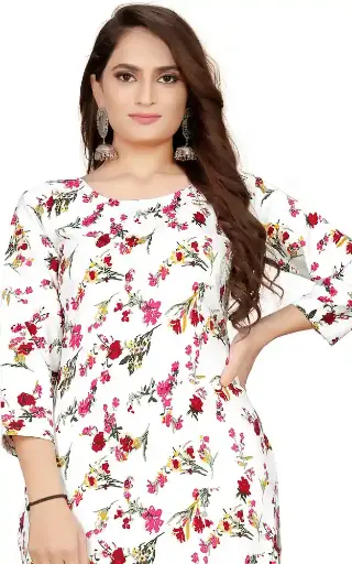 ZELZIS Women White Flower Printed Bell Sleeve Crepe Tunic Top - Trendy Party Wear