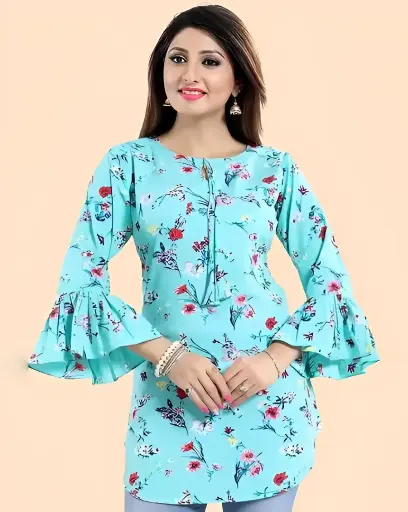 ZELZIS Women Light Blue Printed Bell Sleeve Crepe Tunic Top - Trendy Party Wear