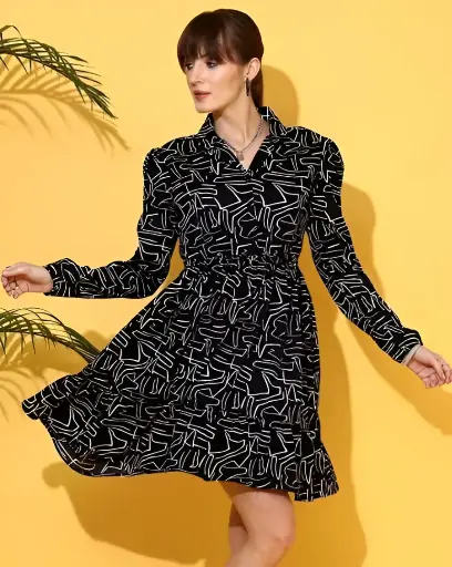 Black abstract print fit & flare dress Mandarin collar Long, puff sleeves Midi length in flared
