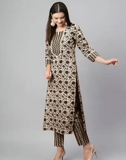 Cotton Bland Kurtis Women's BROWN Floral Printed Cotton Kurti Set with Pant