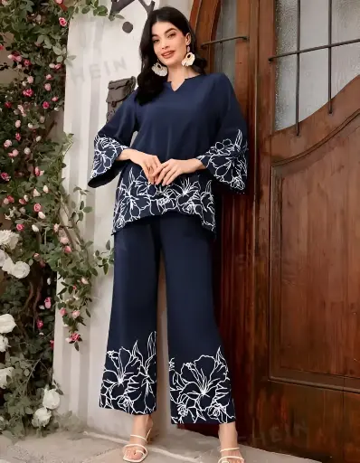 Rayon Embroidery Blue Top and Bottom Set Women and Girls
