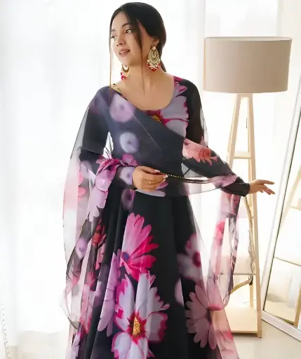 Georgette Round Neck Long Sleeve Printed Kurti with Dupatta