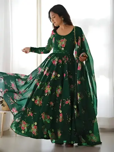 Flower Print Long Kurti With Dupatta & Belt (No Bottomwear)