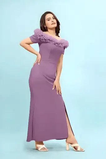 Buy PoshBery Lavender Maxi Tulle Dress with Organza Ruffled Shoulder
