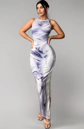 New Digital Stylish Printed White Blue Shaded Dress Maxi For Women's Party Wear