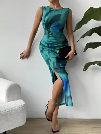  Floral Print Maxi Dress, Back Less V-Neck