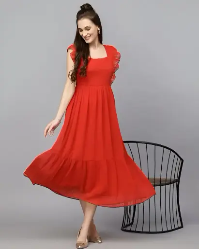 Women Fit and Flare Red Midi/Calf Length Dress